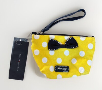Tommy Hilfiger Small Makeup Bag Wrist Strap Lined Yellow W/ Polka Dots NWT 2011