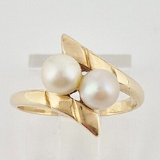 14K Yellow Gold Dual 5mm Akoya Pearl Modified Engraved Bypass Ring Size 6.25