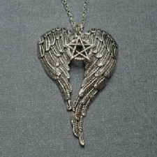 Huge 925 Sterling Silver Eagle Hawk Feather Angel Wings Pentagram Star Necklace
