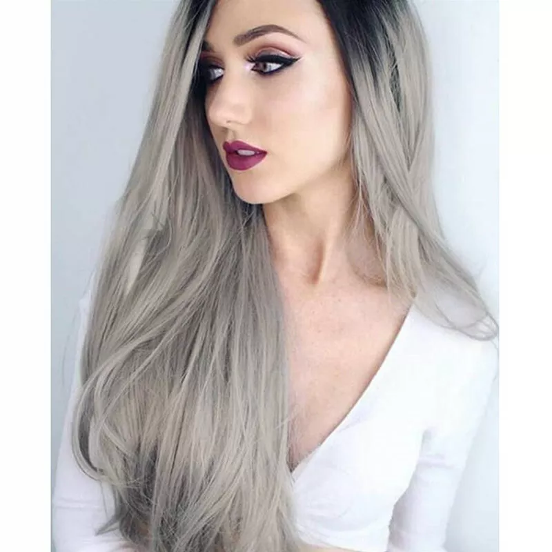 Long Ombre Black Roots Gray Wig Natural Silver Grey Synthetic Silky