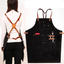 Denim Leather Strap Bib Apron Barista Baker Bartender BBQ Chef Work Uniform Cook