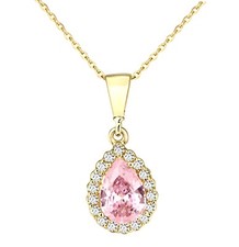 9ct Yellow Gold PINK SAPPHIRE cz Teardrop Pendant Necklace + 18 inch Chain