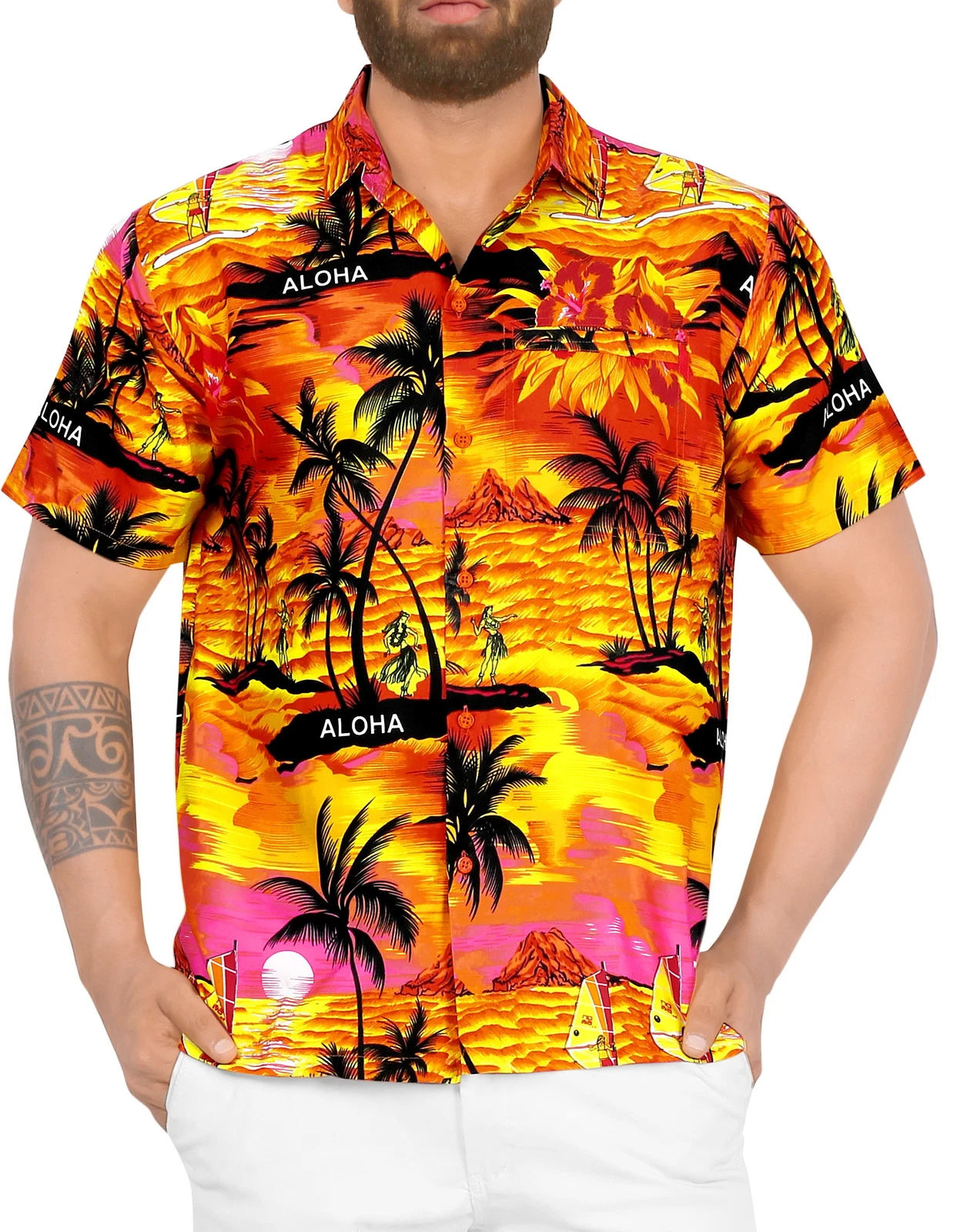 LA LEELA Mens Hawaiian Short Sleeve Button Down Shirts 5XL Metallic Beach,Orange