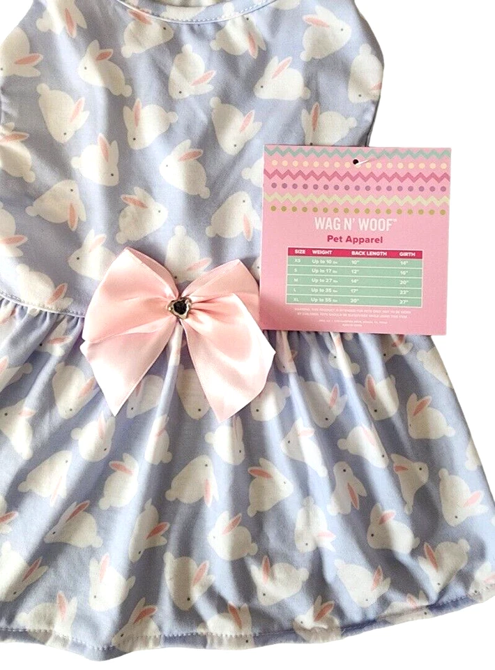 Vestido Wag N Woof púrpura, rosa y blanco conejitos, gema, lazo satinado cachorro/perro, XS Foto 4 de 4