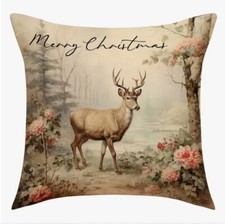 DEER MERRY CHRISTMAS OIL PRINT Throw Pillow Cover 18x18 Winter Holiday Decor