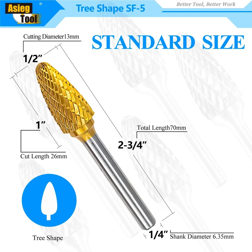 5-pcs Tungsten Carbide Burr TiN Rotary File Tree Shape 1/4 in Shank 1/2 in - Image 2 of 4