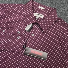 Express Slim Performance Mens Large Burgundy Button Front Dress Shirt Geometric
