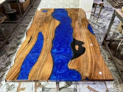 Blue Epoxy Resin Dining Table Handmade Arts Live Edge Luxury Furniture