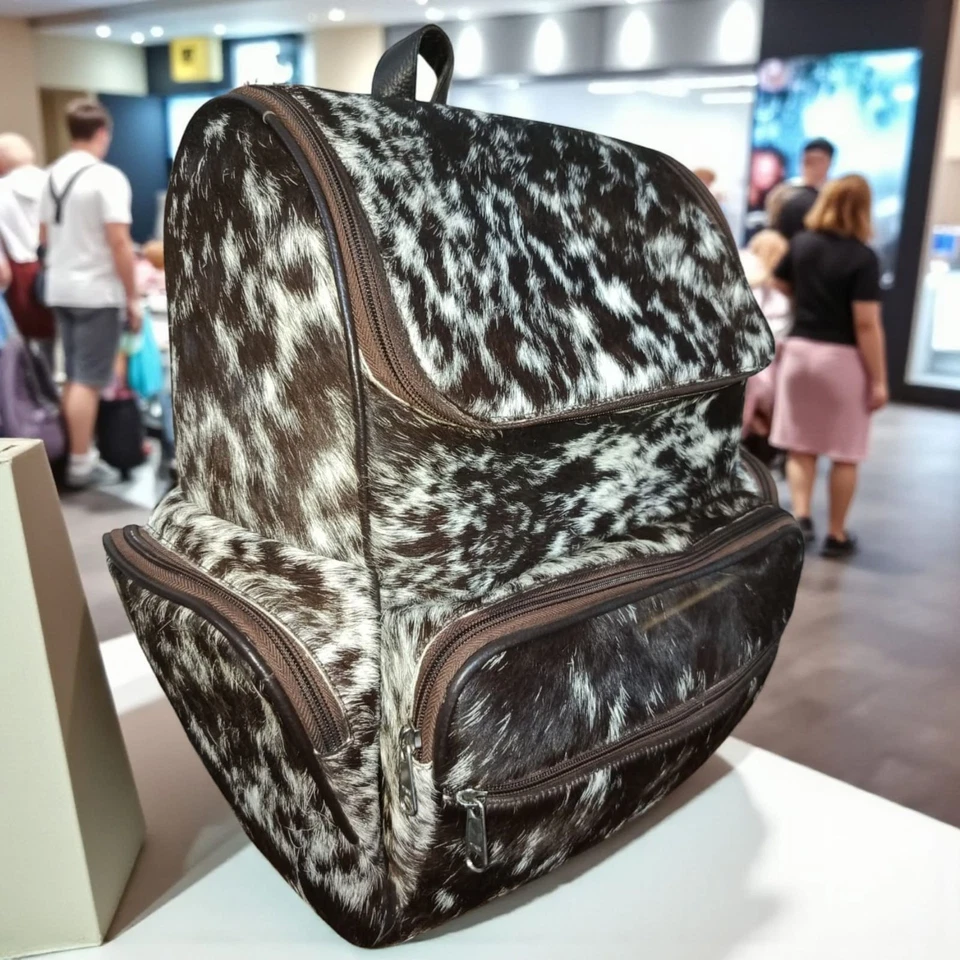 Mochila de cuero de vaca genuino marrón y blanco | Bolso de viaje hecho a mano para el pelo Foto 3 de 4