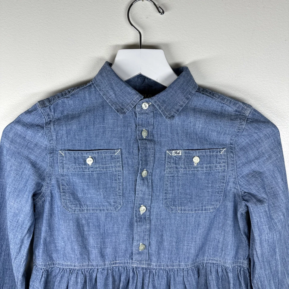 Polo Ralph Lauren 衬衫连衣裙女孩 10 蓝色布层叠长袖 — 第 2/4 张图片