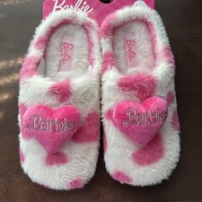 Barbie Fuzzy Indoor/Outdoor Slipper Memory Foam Women 4/5 Pink And White