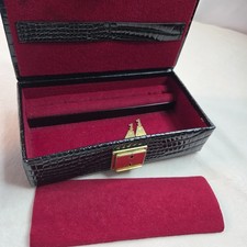 Vntg Jewelry Case Box Black Croc Leather Lined Travel Keys West Germany 7x4x2