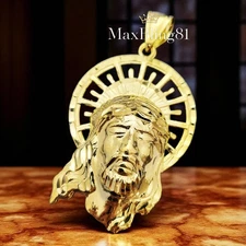 14K SOLID GOLD FINISH BRASS GOLD PLATED JESUS HEAD LARGE BLING CHARM PENDANT