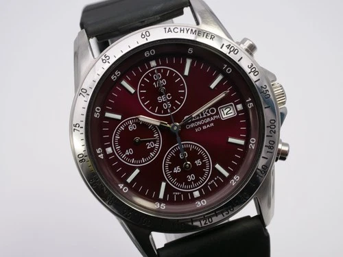 Mint Seiko Chronograph 10 Bar 7T92-0DW0 Quartz Wine Red Mens Vintage Watch Japan