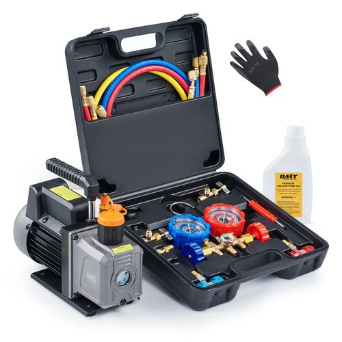 OMT 1/3HP 4CFM HVAC Auto AC Vacuum Pump with Manifold Gauge Set & Accessories US eBay