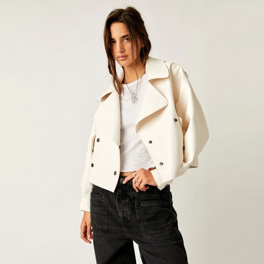 NUEVO CON ETIQUETAS Free People We The Free Alexis Chaqueta Moto Cuero Vegano Recortada Marfil Talla L