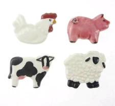 4pc Set Vintage Ceramic Farm Animal Button Covers Cow Pig Chicken Sheep