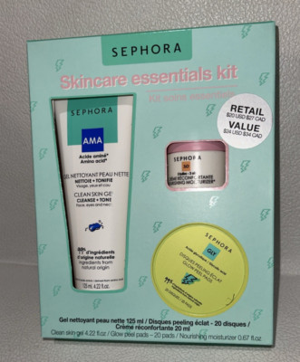 3 Sephora Essentials Kit Clean Skin  Gel, Glow Peel Pads, Nourishing Moisturizer