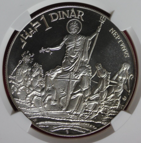 1969 PF 67 Tunisia 1 Dinar Neptune 1 Ounce .925 Silver Coin NGC Graded OCE 809 - Afbeelding 1 van 6