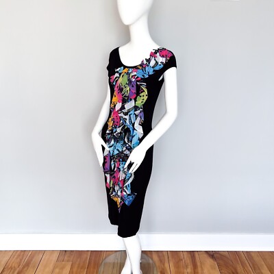 $198 WAGGON PARIS Summer Dress Sexy Bodycon Black Mini Low Back Colorful Accent 