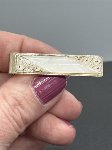 Vintage Gold Tone White Bar & Gold Filigree Decorated Clip Tie Bar