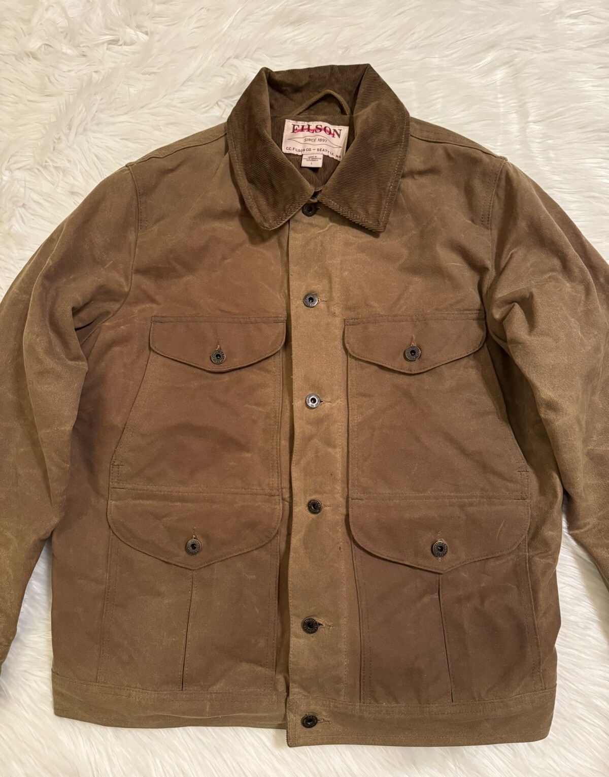 Filson Journeyman Jacket Insulated Lined Tin Cloth Dark Tan USA Large
