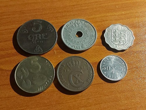 6 Coin Danish Iceland 5 Aurar 1926-1993 Finland 5 Markka Norway 1 Krone Guernsey