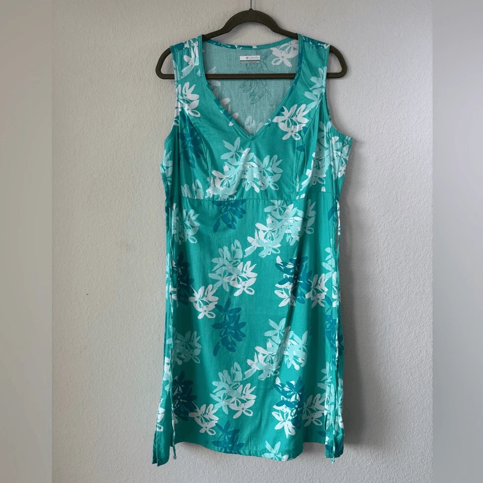 Vestido floral tropical Columbia PFG para mujer verde azulado cuello en V talla L atletismo hawaiano Foto 4 de 4