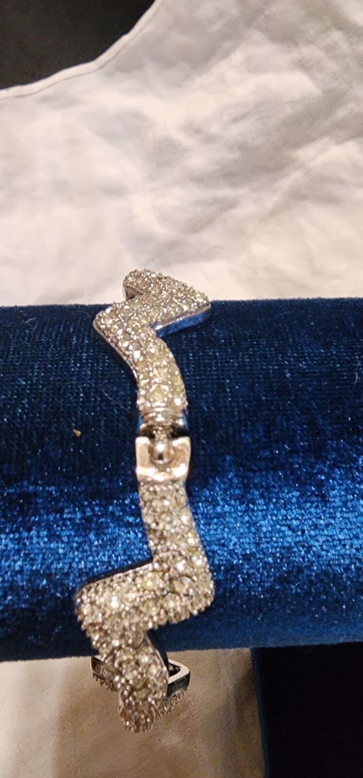 Rhinestone Silvertone Cuff Wave Hinged Bracelet - image 4