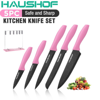 HAUSHOF 5PIECES Kitchen Knife Set Pink Knife Sets Block Premium Steel Knives Set