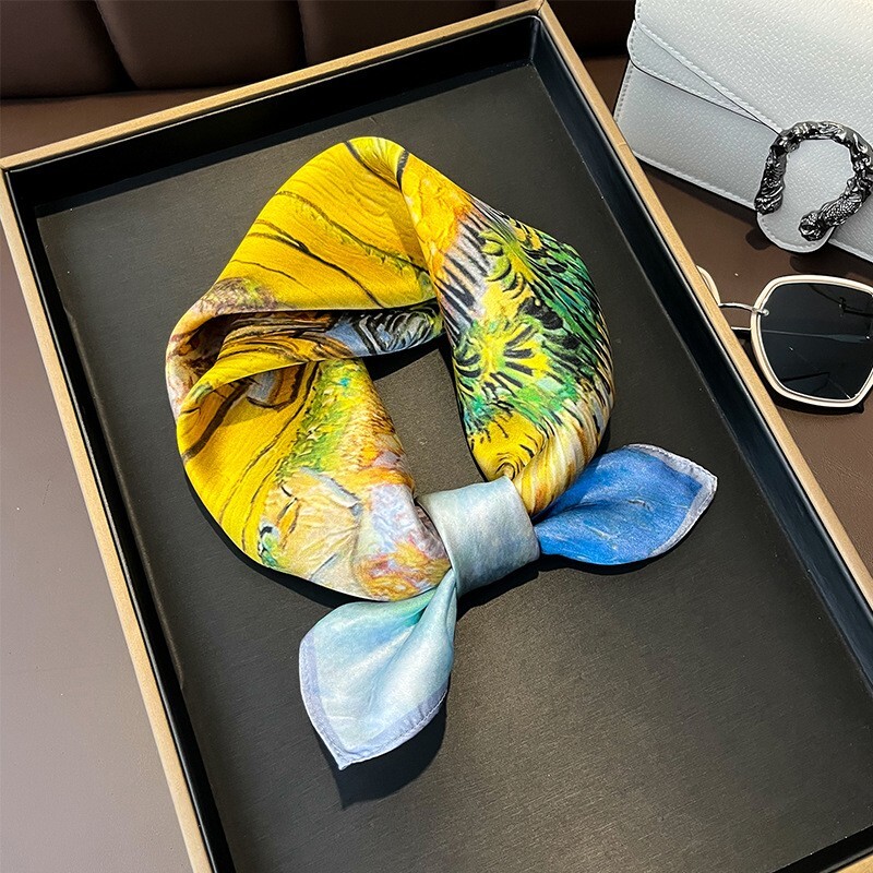 100% Silk Square Scarf Women Neckerchief Wrap Bandana Yellow Countryside 53*53cm