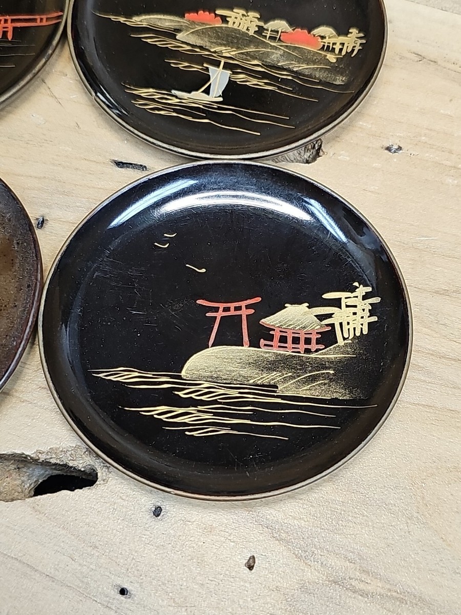 Made in Japan SZK Vintage Black Laquer Coaster Set of 4 Nesting