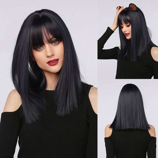 Women Mid-Long Straight Synthetic Black Wig with Bangs Soft Hair