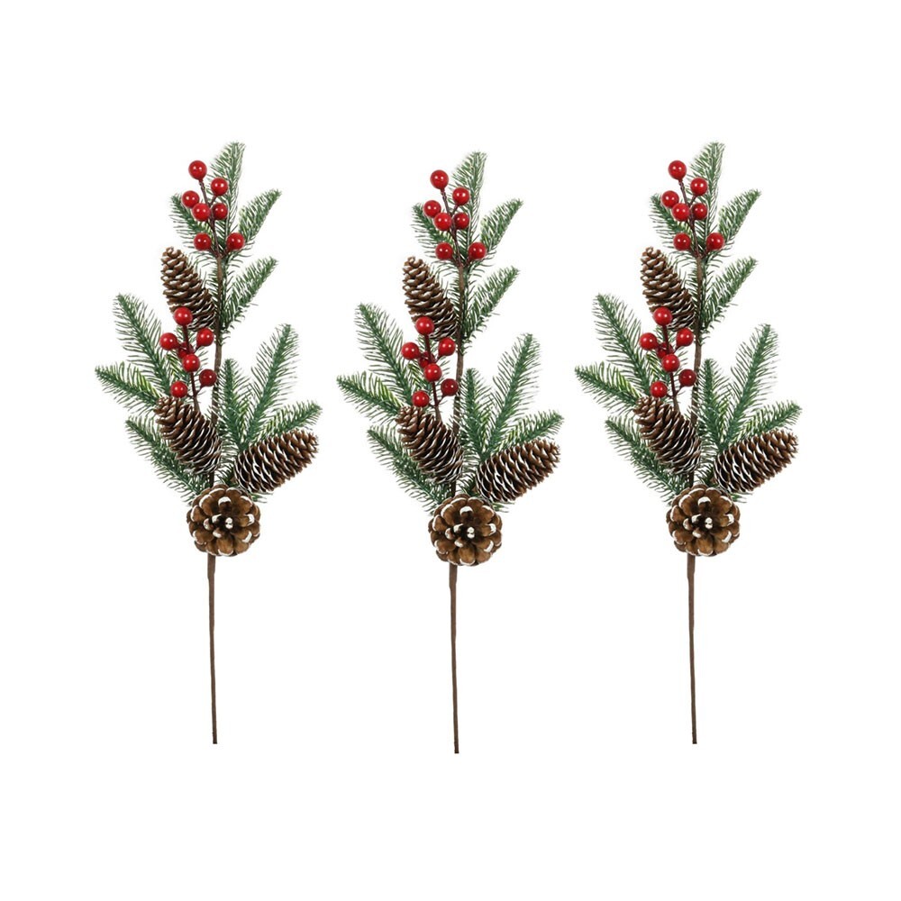 Frosted Cone and Artificial Winter Pine and Berry Leaf Branch 60cm Pack of 3