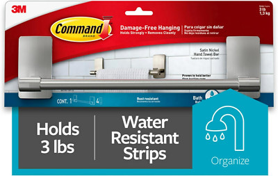 Command Hand Towel Bar Satin Nickel with 4 Water Resistant Command Strips, 9'' Ha