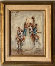 MARK KING VINTAGE UCLA & HOUSTON CHAMPIONSHIP BASKETBALL GAME OIL PAINTING 1968