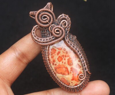Handmade Designer Pendant Asteroid Jasper Gemstone Copper Wire Wrap Jewelry N124