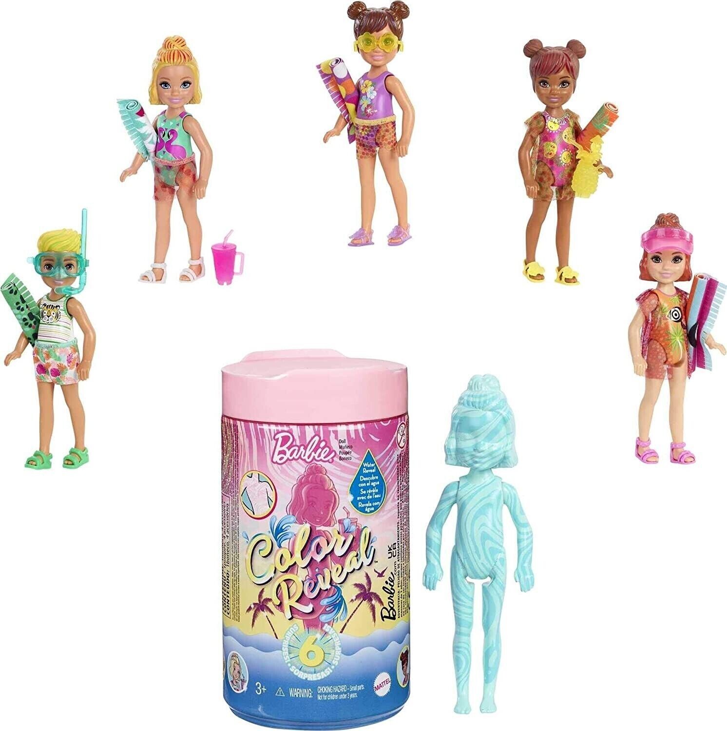 Barbie Chelsea Color Reveal Doll With 6 Surprises, Sand & Sun Series, GTT25 NEW
