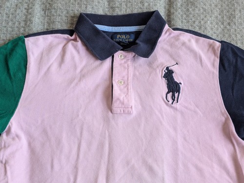 Ralph Lauren Polo Shirt Boys Extra Large 18-20 Pink Blue Big Pony Colorblock - Picture 2 of 10