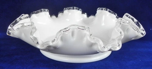 Fenton "Silver Crest" Crimped Bon Bon Dish, Milk Glass + Clear Ruffled Rim, Exc.