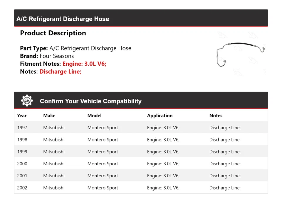 Manguera de descarga de refrigerante aire acondicionado deportivo Mitsubishi Montero 1997-2002 4 estaciones Foto 2 de 4