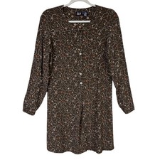 Vintage GAP Brown Floral Rayon Dress Long Sleeve Button Front Small Petite