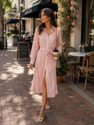 Lauren Ralph Lauren 6 Pink Logo Woven Shirt Dress Collared Long Sleeve Belt
