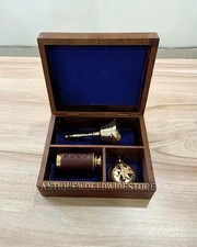 Handcrafted Nautical Decor Set Brass Telescope, Compass Ship Bell w/Wood Box
