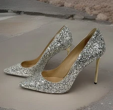 Jimmy Choo Romy 85 Champagne Course Glitter Pointed Toe Pumps Sz EU 41  US 11