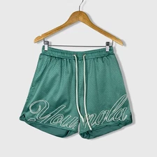 YOUNGLA Green Mesh Athletic Shorts Mens Large Embroidered Logo Basketball