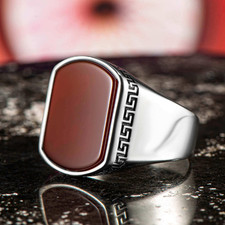 Handmade 925k Sterling Silver Red Aqeeq Stone Men's Ring Gift 001