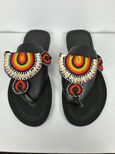 Women's Beaded Slip-On Flat Thong Sandals Black Multicolor Leather Bohemian