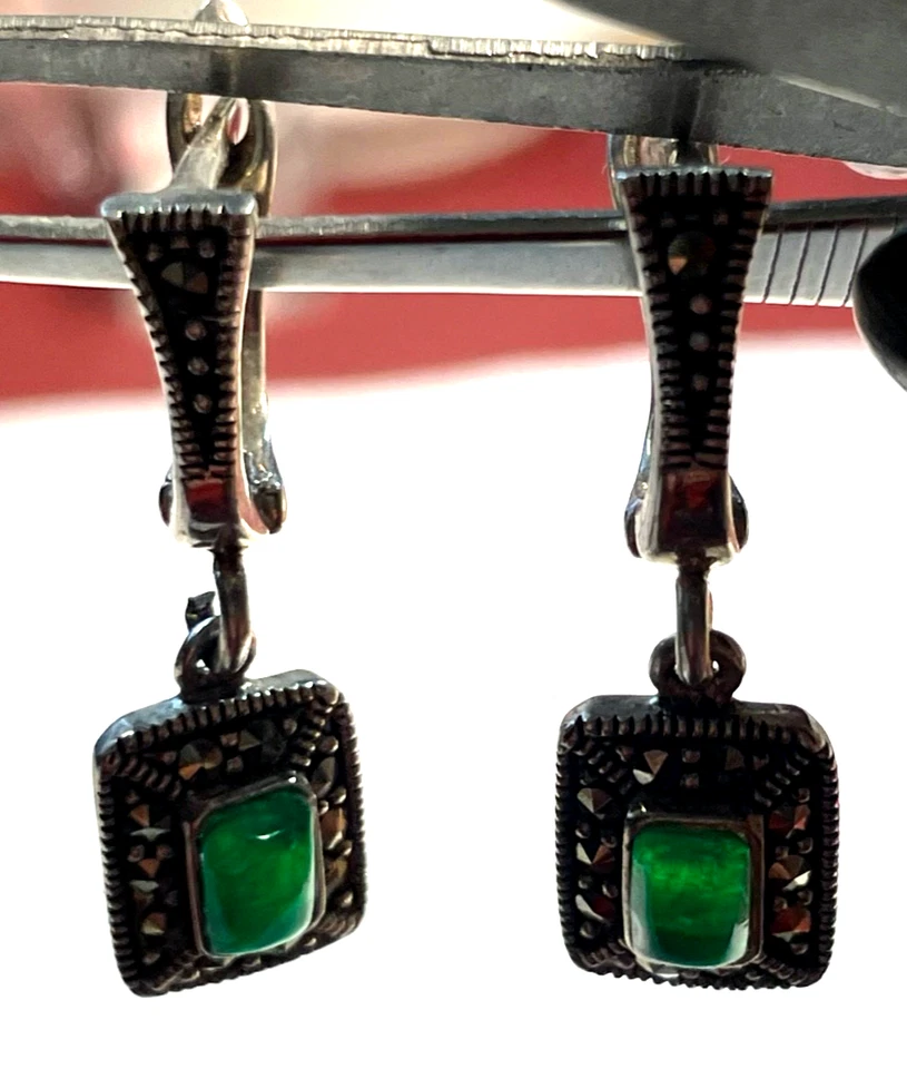 Solide 925 Silber Ohrringe Ohrhänger grüner Farbstein + Markasit im Antikstil - Bild 2 von 4