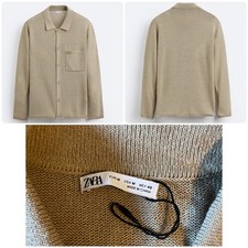 Zara Linen Blend Shirt Cardigan Sweater Men  s Size Medium Tan Button Pocket